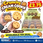 Crunchy Cream Cookie Squishy Toy featuring a golden cookie with chocolate chip details, individual clear packaging and a 12-piece wholesale display box from SDMAX Toys Wholesaler.