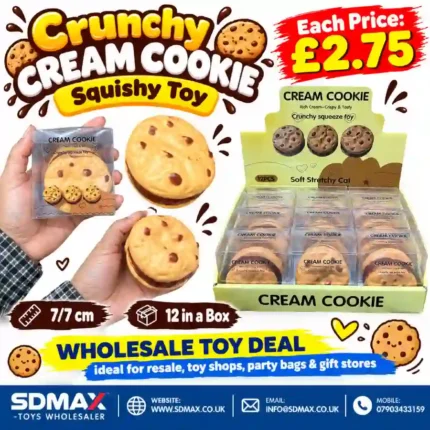 Crunchy Cream Cookie Squishy Toy featuring a golden cookie with chocolate chip details, individual clear packaging and a 12-piece wholesale display box from SDMAX Toys Wholesaler.