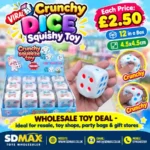Crunchy Dice Squishy Toy with red and blue spots, 4.5 x 4.5 cm, 12 pieces per box, SDMAX Toys Wholesaler.
