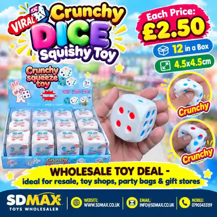crunchy-dice-squishy-toy-wholesale-sdmax Crunchy Dice Squishy Toy with red and blue spots, 4.5 x 4.5 cm, 12 pieces per box, SDMAX Toys Wholesaler.