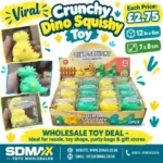 Crunchy Dino Squishy Toy in yellow and green, 7 × 8 cm, displayed in a 12-piece wholesale box by SDMAX Toys Wholesaler.