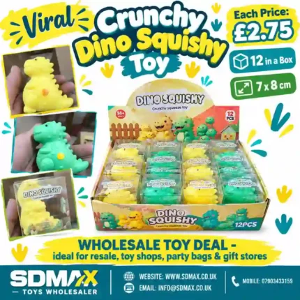 Crunchy Dino Squishy Toy in yellow and green, 7 × 8 cm, displayed in a 12-piece wholesale box by SDMAX Toys Wholesaler.