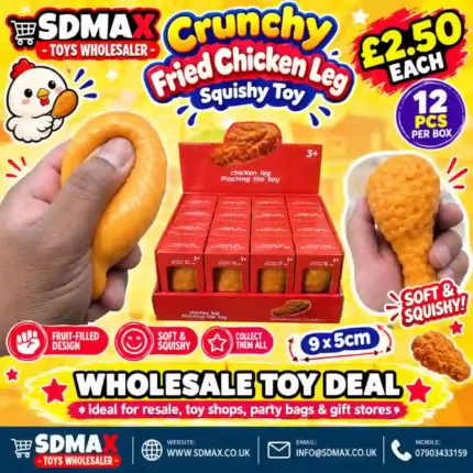 Crunchy orange fried chicken leg squishy toy measuring approximately 9 × 5 cm, displayed in a 12-piece wholesale box by SDMAX Toys Wholesaler.