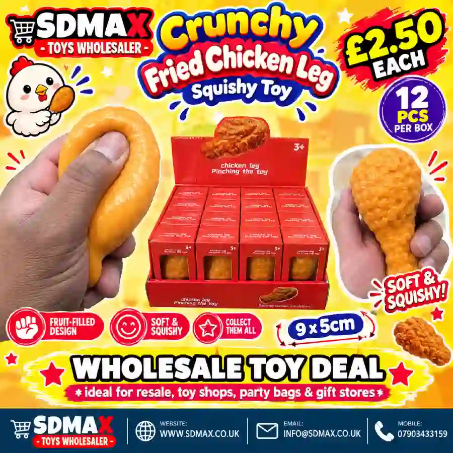 crunchy-fried-chicken-leg-squishy-toy-wholesale Crunchy orange fried chicken leg squishy toy measuring approximately 9 × 5 cm, displayed in a 12-piece wholesale box by SDMAX Toys Wholesaler.