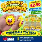 Yellow Crunchy Funny Sunflower Squishy Toy with a funny cartoon face and 12-piece wholesale display box