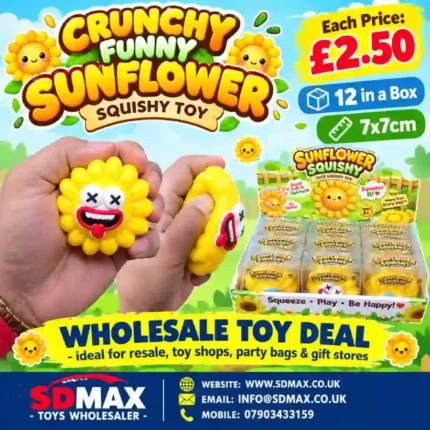 Yellow Crunchy Funny Sunflower Squishy Toy with a funny cartoon face and 12-piece wholesale display box