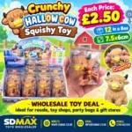 Crunchy Hallow Cow Highland cow squishy toy with shaggy brown texture, yellow muzzle, black horns and 12-piece wholesale display by SDMAX Toys Wholesaler.