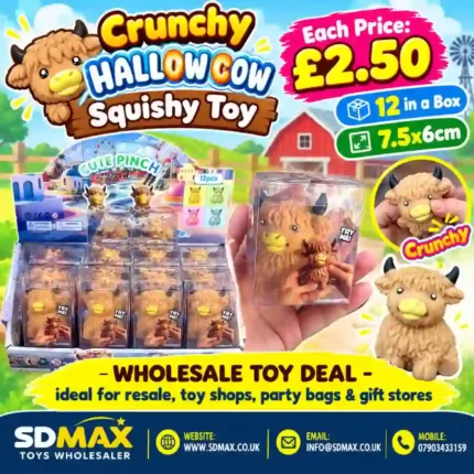 Crunchy Hallow Cow Highland cow squishy toy with shaggy brown texture, yellow muzzle, black horns and 12-piece wholesale display by SDMAX Toys Wholesaler.