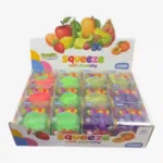 Crunchy Mix Fruit Squishy Toys wholesale display box with colourful fruit-inspired squeeze toys in assorted colours, 12 pieces per box, from SDMAX Toys Wholesaler.