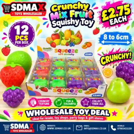 Crunchy Mix Fruit Squishy Toys wholesale display box with colourful fruit-inspired squeeze toys in assorted colours, 12 pieces per box, from SDMAX Toys Wholesaler.