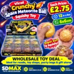 Crunchy Space Meteorite Ball Squishy Toy in assorted metallic colours, displayed in a 12-piece wholesale box by SDMAX Toys Wholesaler.