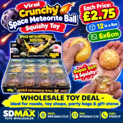 Crunchy Space Meteorite Ball Squishy Toy in assorted metallic colours, displayed in a 12-piece wholesale box by SDMAX Toys Wholesaler.