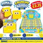 Crunchy Sponge Squishy Toy featuring a yellow square smiling character with large eyes, individual retail packaging and a 12-piece wholesale display box from SDMAX Toys Wholesaler.