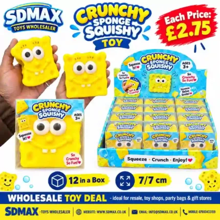 Crunchy Sponge Squishy Toy featuring a yellow square smiling character with large eyes, individual retail packaging and a 12-piece wholesale display box from SDMAX Toys Wholesaler.