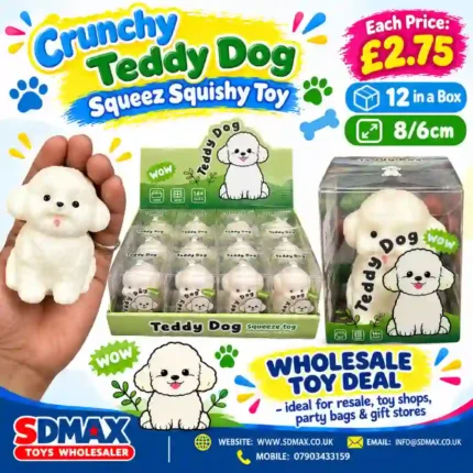 Crunchy Teddy Dog white squishy squeeze toy, 8 x 6cm, wholesale box of 12 – SDMAX Toys Wholesaler