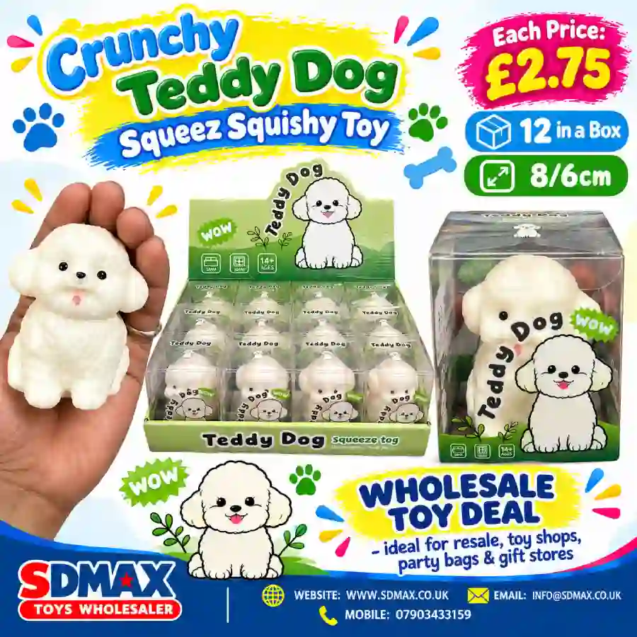 crunchy-teddy-dog-squishy-toy-wholesale-sdmax Crunchy Teddy Dog white squishy squeeze toy, 8 x 6cm, wholesale box of 12 – SDMAX Toys Wholesaler