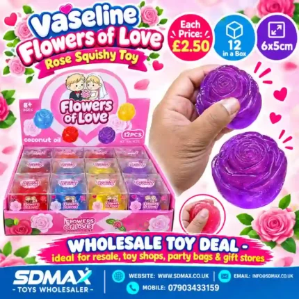 Flowers of Love rose-shaped novelty squeeze toys in red, blue, yellow and purple, displayed in a pink box of 12 by SDMAX Toys Wholesaler.