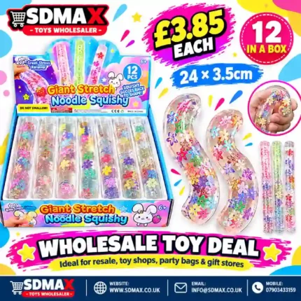 Giant Stretch Noodle Squishy Toy with Colourful Flowers – 24 × 3.5cm, Wholesale Box of 12