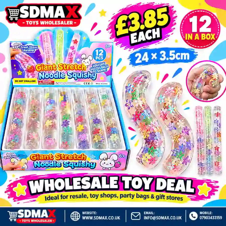 giant-stretch-noodle-squishy-toy-wholesale Giant Stretch Noodle Squishy Toy with Colourful Flowers โ 24 ร 3.5cm, Wholesale Box of 12