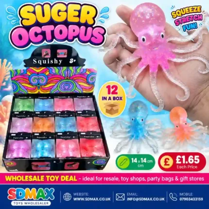 Glitter Octopus Squishy Toy wholesale stretchy sensory stress relief toy by SDMAX Toys Wholesaler