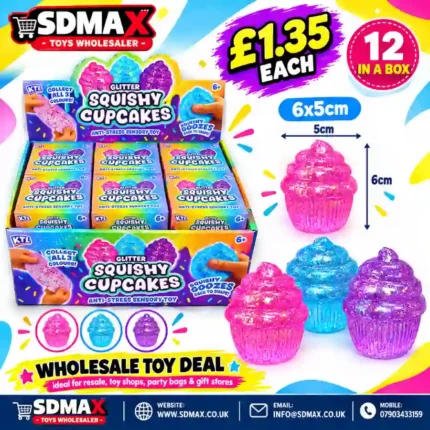 Glitter Squishy Cupcake Sensory Toy – 6cm, 3 Colours, Wholesale Display Box of 12