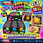 Glow Up SquishDoh round squishy squeeze toys in four assorted colours, 6 × 6 cm, displayed in a wholesale box of 12 by SDMAX Toys Wholesaler.