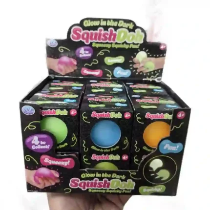 Glow Up SquishDoh round squishy squeeze toys in four assorted colours, 6 × 6 cm, displayed in a wholesale box of 12 by SDMAX Toys Wholesaler.