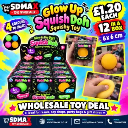 Glow Up SquishDoh round squishy squeeze toys in four assorted colours, 6 × 6 cm, displayed in a wholesale box of 12 by SDMAX Toys Wholesaler.