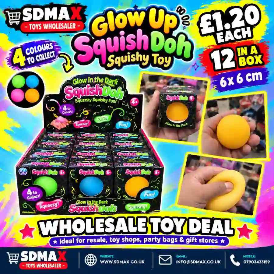 glow-up-squishdoh-squishy-toy-wholesale-sdmax Glow Up SquishDoh round squishy squeeze toys in four assorted colours, 6 ร 6 cm, displayed in a wholesale box of 12 by SDMAX Toys Wholesaler.