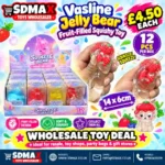 Jelly Bear fruit-filled squishy squeeze toy with colourful details, retail packaging and 12-piece wholesale display from SDMAX Toys Wholesaler