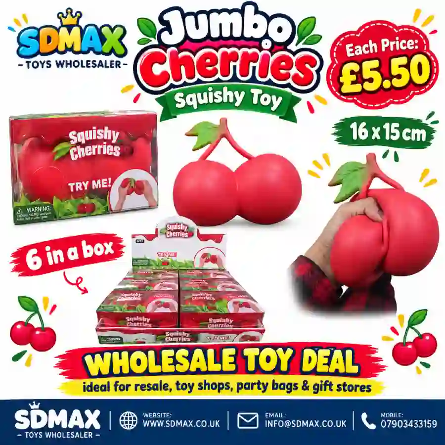 jumbo-cherries-squishy-toy-wholesale-sdmax Jumbo red double cherry squishy toy with green stem, approximately 16 ร 15 cm, shown with retail packaging and wholesale display box of 6.