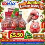Jumbo Christmas reindeer squishy toy with red scarf, 15 × 14 cm, displayed with wholesale packaging from SDMAX Toys Wholesaler.