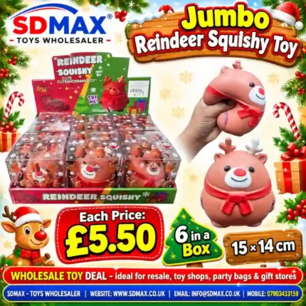 Jumbo Christmas reindeer squishy toy with red scarf, 15 × 14 cm, displayed with wholesale packaging from SDMAX Toys Wholesaler.