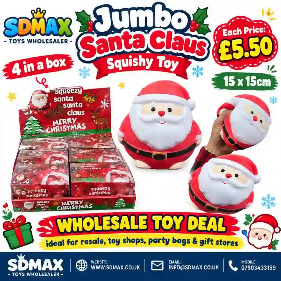 jumbo-santa-claus-squishy-toy-wholesale-sdmax Jumbo Santa Claus squishy squeeze toy in a red Christmas suit and white beard, approximately 15 × 15cm, shown with festive packaging and wholesale display box.