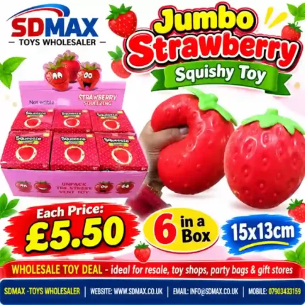 Jumbo Strawberry Squishy Toy – Large Fruit-Shaped Squeeze Toy, 15 × 13cm, Wholesale Box of 6