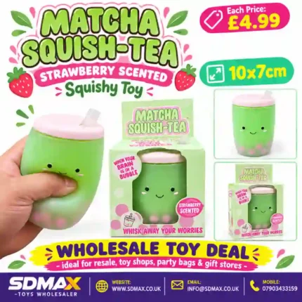 Green Matcha Squish-Tea strawberry scented squishy toy with pink lid, smiling face, retail packaging and wholesale box of 12 from SDMAX Toys Wholesaler.