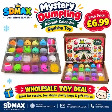 SDMAX Mystery Dumpling Advent Calendar Squishy Toy featuring colourful character-shaped toys in a Christmas-themed 24-compartment display box.