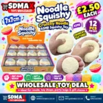 Cream-coloured Noodle Squishy Toy with a raised noodle-style texture, approximately 7 × 7 cm, shown in a 12-piece retail display box from SDMAX Toys Wholesaler.