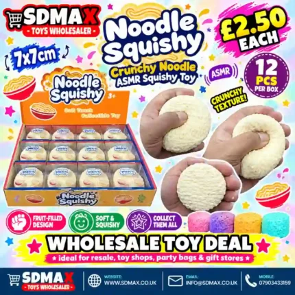Cream-coloured Noodle Squishy Toy with a raised noodle-style texture, approximately 7 × 7 cm, shown in a 12-piece retail display box from SDMAX Toys Wholesaler.