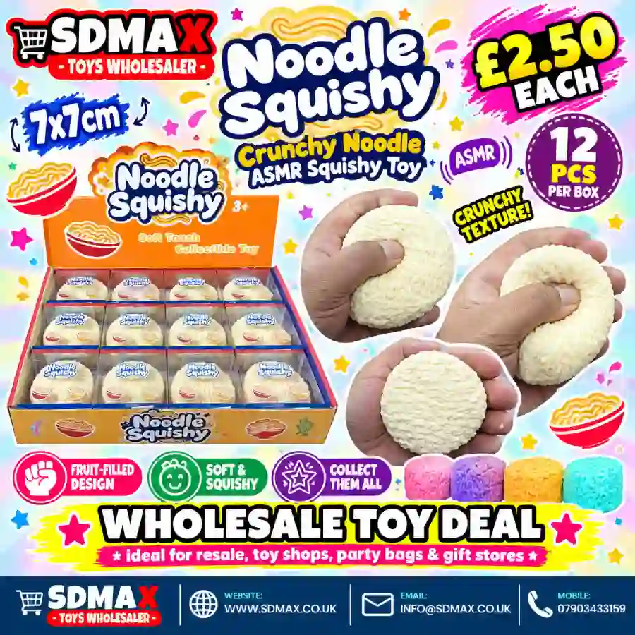 noodle-squishy-toy-wholesale-sdmax Cream-coloured Noodle Squishy Toy with a raised noodle-style texture, approximately 7 ร 7 cm, shown in a 12-piece retail display box from SDMAX Toys Wholesaler.