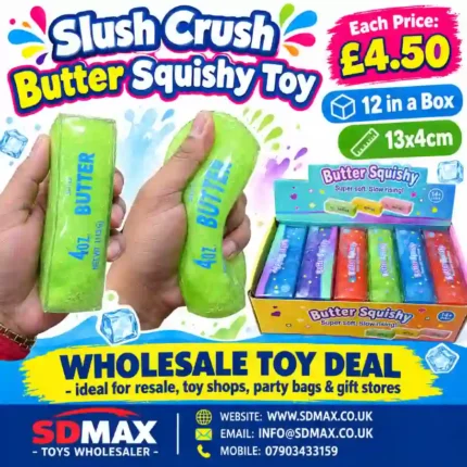 Slush Crush Butter Squishy Toy in assorted colours with retail display box, 12 pieces per box, 13 × 4 cm, from SDMAX Toys Wholesaler