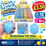 Slush Crush Cheese Cube Squishy Toy with a translucent glittery finish, blue and assorted colours, 6cm, individual display packaging and 12 pieces per wholesale box.