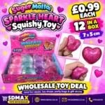 Sparkle Heart glitter squishy squeeze toys in four assorted colours, 7 × 5 cm, displayed in a 12-piece wholesale box by SDMAX Toys Wholesaler.