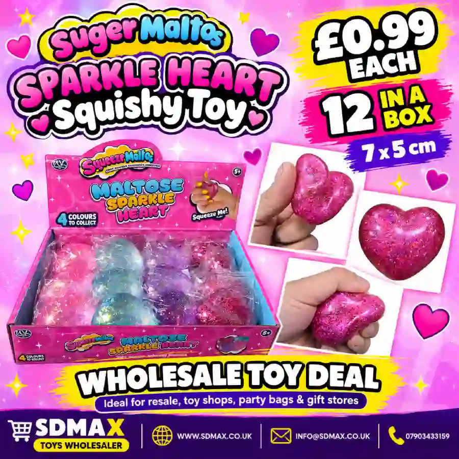 sparkle-heart-glitter-squishy-toy-wholesale-sdmax Sparkle Heart glitter squishy squeeze toys in four assorted colours, 7 ร 5 cm, displayed in a 12-piece wholesale box by SDMAX Toys Wholesaler.