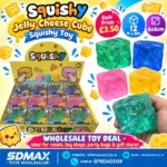 Squishy jelly cheese cube toys in assorted colours with wholesale display box, 6×6cm, 12 pieces per box, SDMAX Toys Wholesaler.