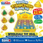 Triangle cheese squishy squeeze toys in yellow and green with 12-piece wholesale display box by SDMAX Toys Wholesaler.
