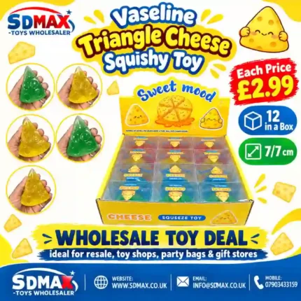 Triangle cheese squishy squeeze toys in yellow and green with 12-piece wholesale display box by SDMAX Toys Wholesaler.