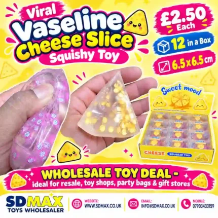 Viral Vaseline Cheese Slice Squishy Toy wholesale display box of 12 pieces by SDMAX Toys Wholesaler