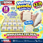 Noodle Squishy Toy, 8×8cm, with a textured white design. Wholesale box of 12 for toy shops, gift stores and resellers. Shop SDMAX Toys Wholesaler.