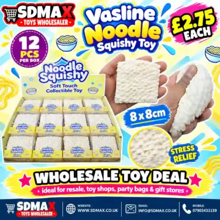 Noodle Squishy Toy, 8×8cm, with a textured white design. Wholesale box of 12 for toy shops, gift stores and resellers. Shop SDMAX Toys Wholesaler.